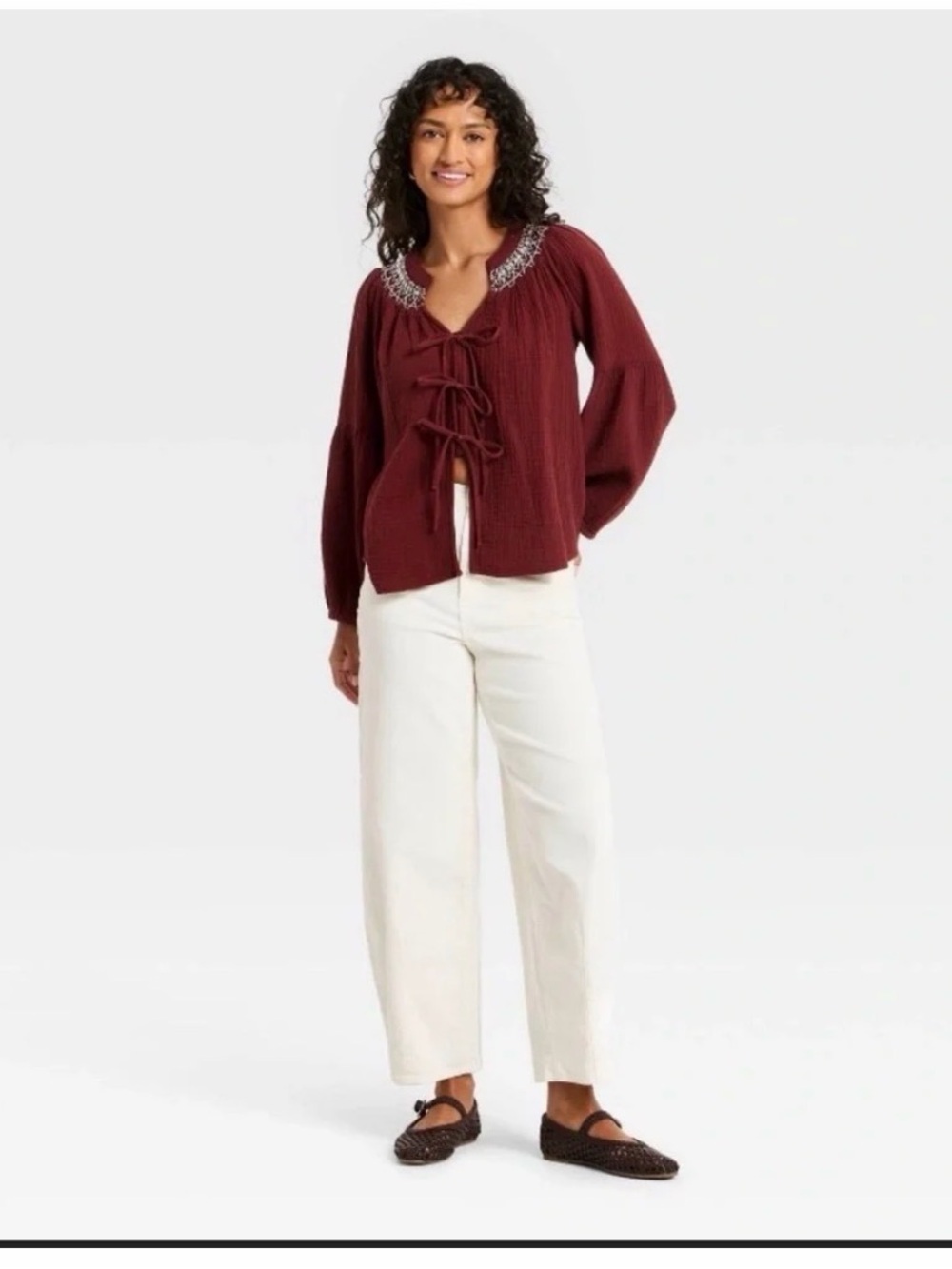 Universal Thread Burgundy Tie-Front Peasant Blouse - Picture 3 of 4